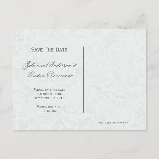 グレーの玉とグレーのダマスク日付を保存 案内ポストカード (裏面)