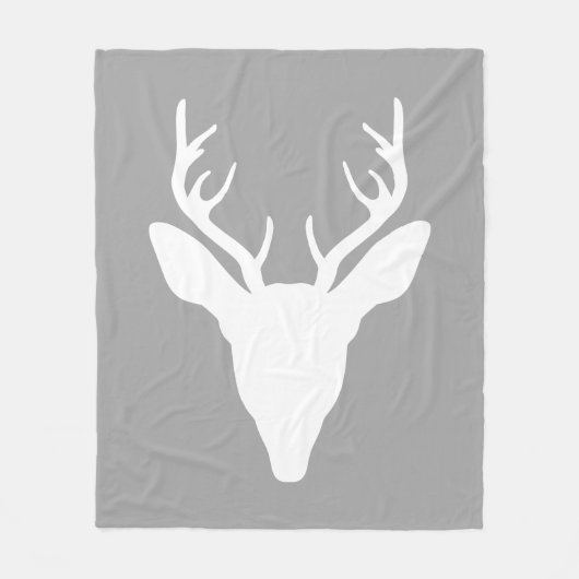 グレーの白い鹿の頭のシルエット フリースブランケット (正面)