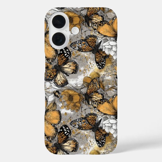 グレーの白とゴールドの花と蝶 エレガント Case-Mate iPhoneケース (裏面)