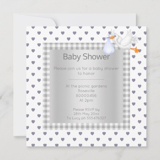 グレーの白のギンガム柄のベビーシャワー シングルのトキ 招待状 (正面)