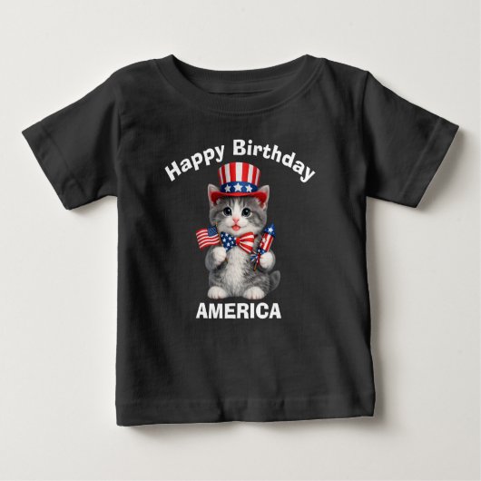 グレーの白の子猫（1d）愛国的な子供用Tシャツ ベビーTシャツ (正面)