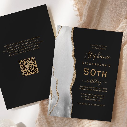 グレーの白 ゴールド アゲート QR コード 50歳の誕生日 招待状