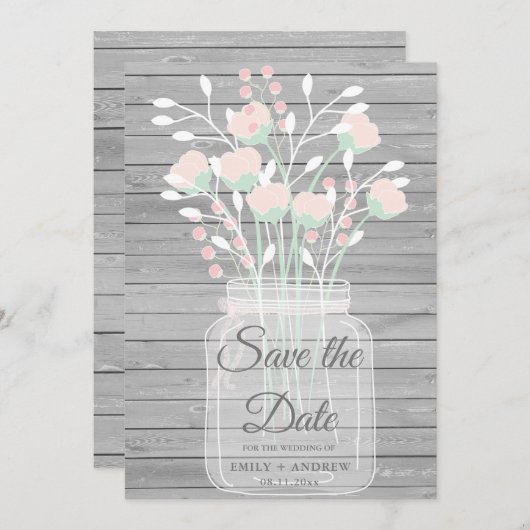 グレーの素朴木のメイスンの瓶は日付を除く 招待状 (正面/裏面)