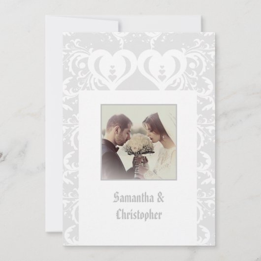 グレーの結婚ペーパーカットの写真の招待 招待状 (裏面)