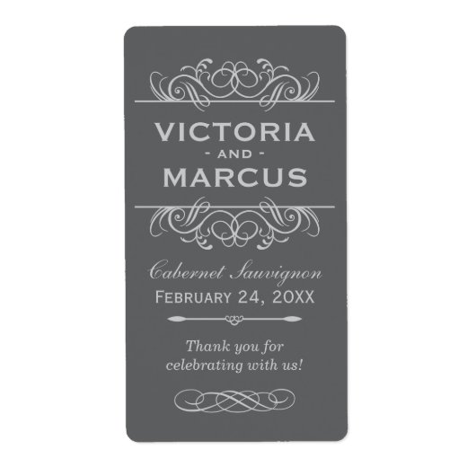 グレーの結婚ワインボトルモノグラムの有利ラベル ラベル (正面)