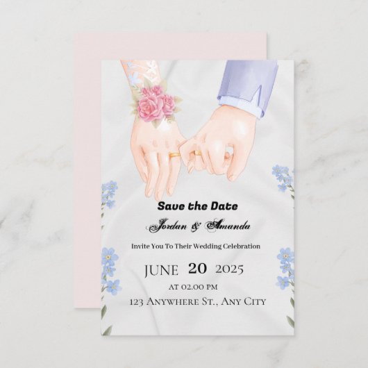 グレーの縁どフローラ日付招待状カードの保存 セーブザデート (正面/裏面)