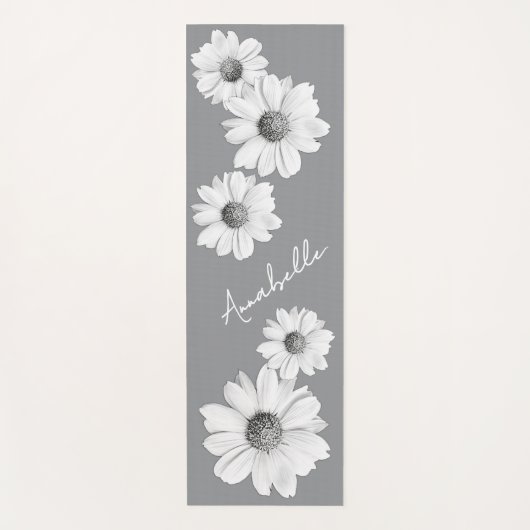 グレーの美しい白のデイジーとあなたの名前 ヨガマット (正面)
