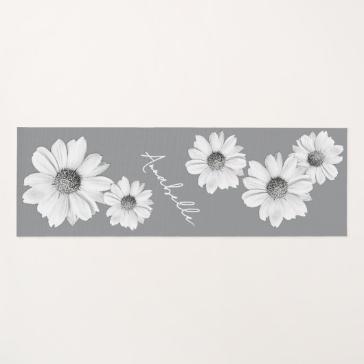 グレーの美しい白のデイジーとあなたの名前 ヨガマット (正面(横))