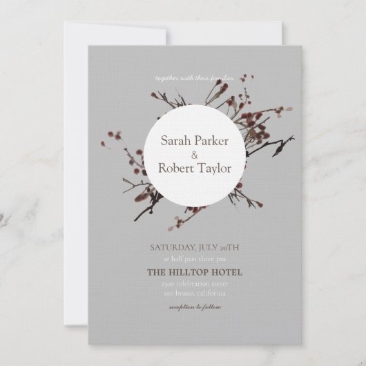 グレーの背景と赤い実の結婚式招待状 招待状 (正面)