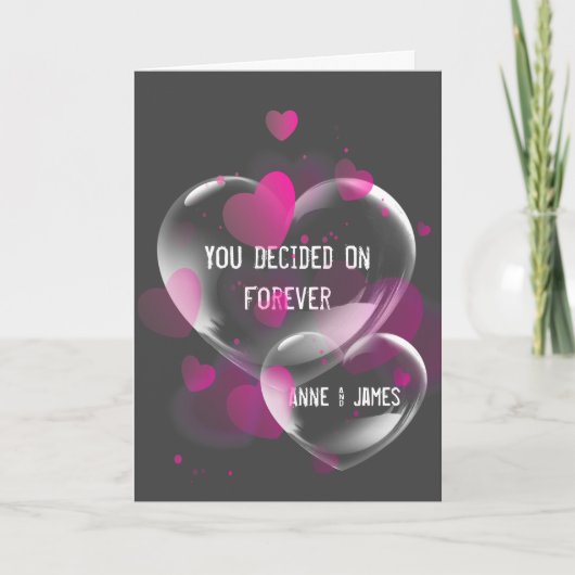 グレーの背景にウェディング ハート バブル カード (正面)