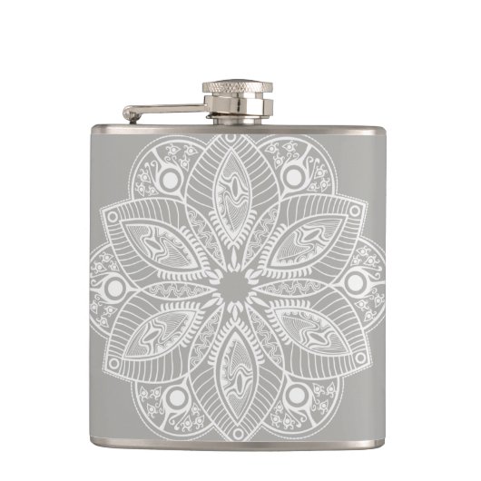 グレーの背景にエキゾチックな白の曼荼羅 フラスク (正面)