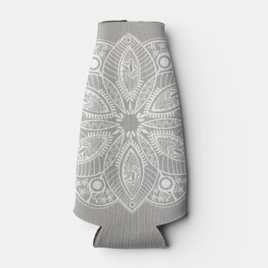 グレーの背景にエキゾチックな白の曼荼羅 ボトルクーラー (正面)