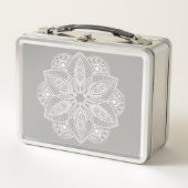 グレーの背景にエキゾチックな白の曼荼羅 メタルランチボックス (正面)