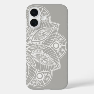 グレーの背景にエキゾチックな白の曼荼羅 iPhone 16ケース