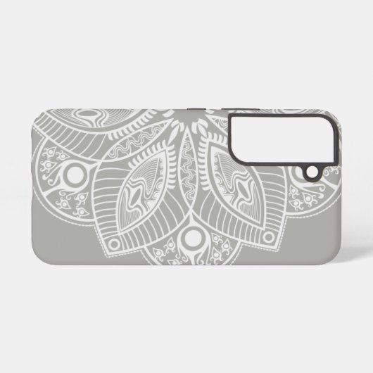 グレーの背景にエキゾチックな白の曼荼羅 SAMSUNG GALAXYケース (裏面横)