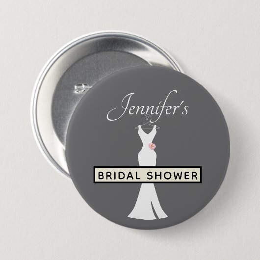 グレーの背景にエレガントな白のドレス - おしゃれなブライズシャワー 缶バッジ (正面&裏面)