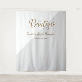 グレーの背景にゴールドの輝きを添えた、赤ちゃんの洗礼用オーダーメイドバウティスモバックドロップ タペストリー