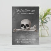 グレーの背景にドクロと十字骨のハロウィン招待状 案内状 (スタンド正面)