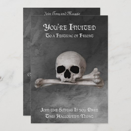 グレーの背景にドクロと十字骨のハロウィン招待状 案内状 (正面/裏面)