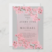 グレーの背景にピンクの桜のウェディング招待状 招待状 (正面)