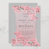 グレーの背景にピンクの桜のウェディング招待状 招待状 (正面/裏面)
