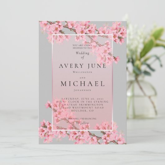 グレーの背景にピンクの桜の結婚式招待状 招待状 (スタンド正面)