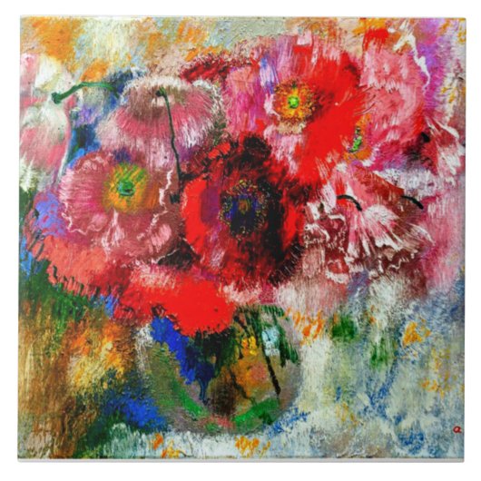 グレーの背景にポピー、フローラ絵画の タイル (正面)