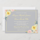 グレーの背景に黄色とピンクの花のウェディング招待状 招待状 (正面)