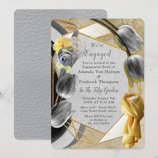 グレーの背景に黄色のチューリップのテクスチャ 招待状 (正面/裏面)