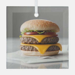 グレーの背景を持つチーズバーガー ガラスオーナメント