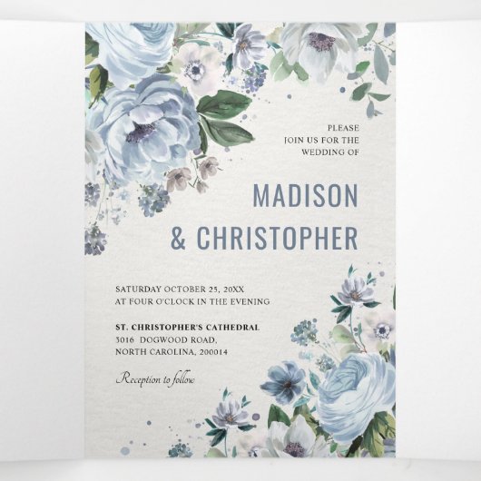 グレーの色合いとダスティーブルーの冬のウェディング 三つ折り案内状 (内部中)