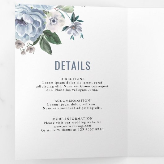 グレーの色合いのダスティーブルー ウィンター ラスティック ウェディング トレンド 三つ折り案内状 (内部最初)