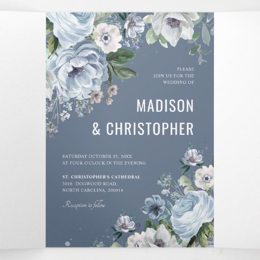 グレーの色合いのダスティーブルー ウィンター ラスティック ウェディング トレンド 三つ折り案内状 (内部中)