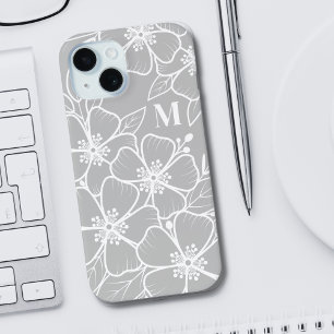 グレーの花のモノグラム iPhone 15ケース