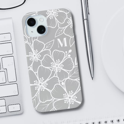 グレーの花のモノグラム Case-Mate iPhoneケース