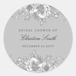 グレーの花のラインアート ブライダルシャワー ラウンドシール