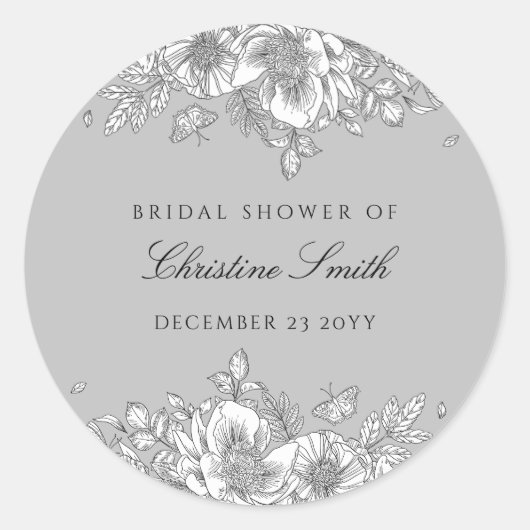 グレーの花のラインアート ブライダルシャワー ラウンドシール (正面)