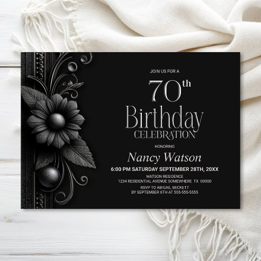 グレーの花の70歳の誕生日パーティー 招待状
