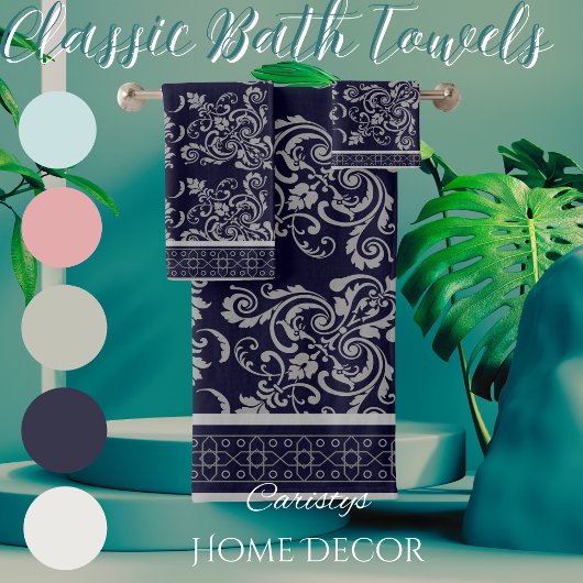 グレーの花柄のタオルがある海軍 バスタオルセット