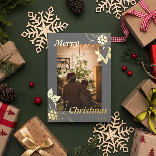 グレーの花柄 エレガントなクリスマス ポートレート写真 箔シーズンカード