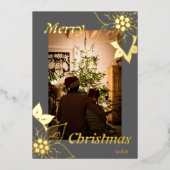 グレーの花柄 エレガントなクリスマス ポートレート写真 箔シーズンカード (正面)