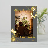 グレーの花柄 エレガントなクリスマス ポートレート写真 箔シーズンカード (立ち正面)