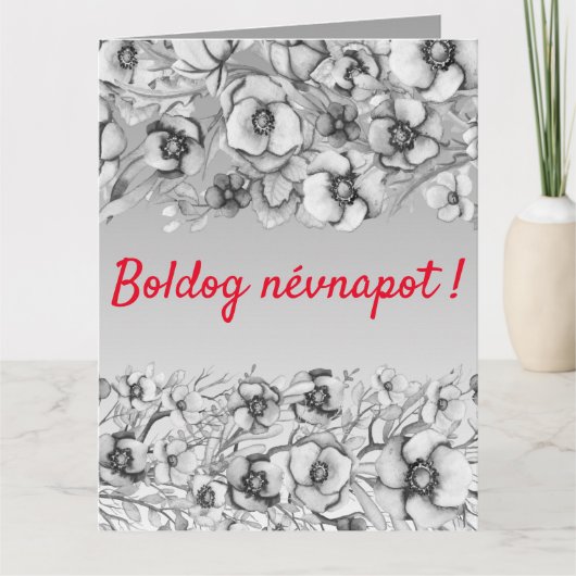 グレーの花模様 – ハンガリー語名の日 カード (正面)