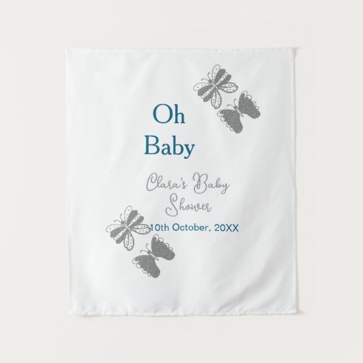 グレーの蝶 青のベイビーシャワー オー ベイビー モダン エキスト タペストリー (正面)