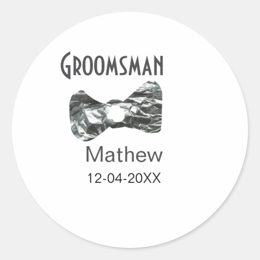 グレーの襟にボウタイのテキスト、 groomの名前、年を追加する、 groomの付き人 ラウンドシール (正面)