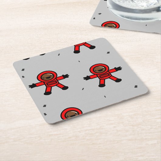 グレーの赤いスーツの宇宙飛行士 スクエアペーパーコースター (アングル)
