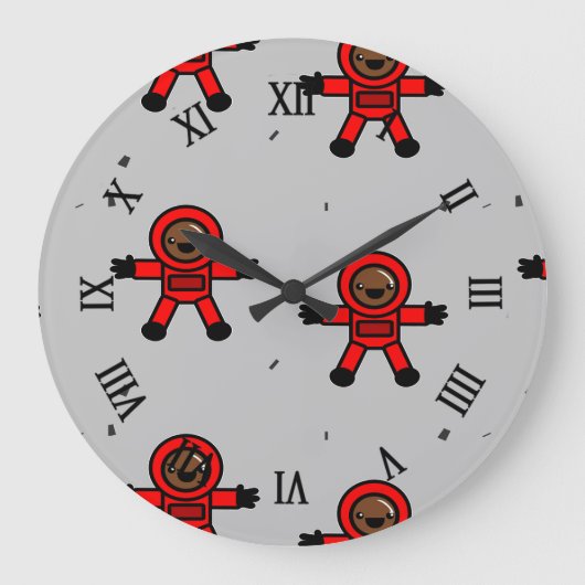 グレーの赤いスーツの宇宙飛行士 ラージ壁時計 (正面)