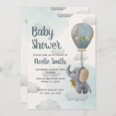 グレーの赤ちゃんゾウ、雲の中の熱気球 招待状 (正面/裏面)