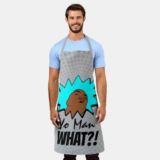 グレーの青ヨーマンマグショット漫画 エプロン (着用した状態)