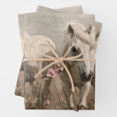 グレーの馬ピンクの花の油絵デコページ ラッピングペーパーシート (インサイチュ)